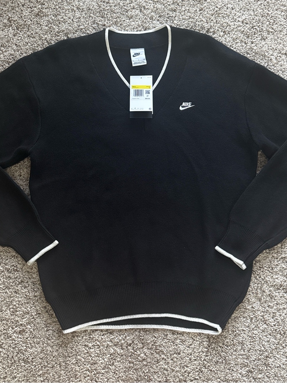 Nike Men’s Black V-Neck Sweater with White Trim Accent